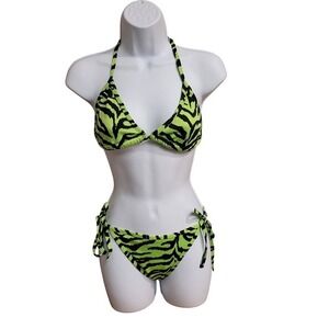 Neon Green Black Zebra Print Triangle Side Tie Halter Bikini Set Swimsuit